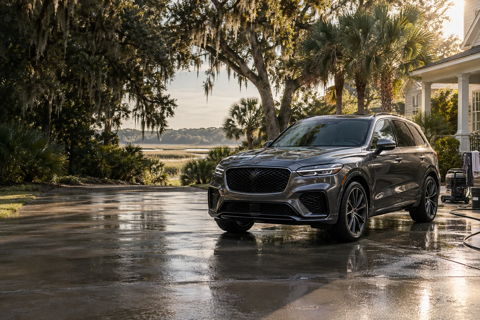 Illustrative mobile detailing scene with a freshly rinsed SUV beneath Lowcountry live oaks