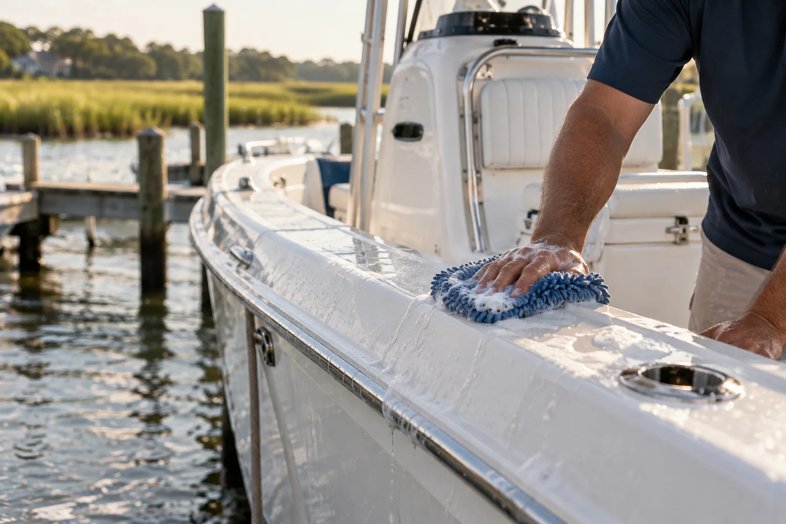 Illustrative boat cleaning: a soft wash mitt lifts suds from a white fiberglass gunwale beside a coastal dock