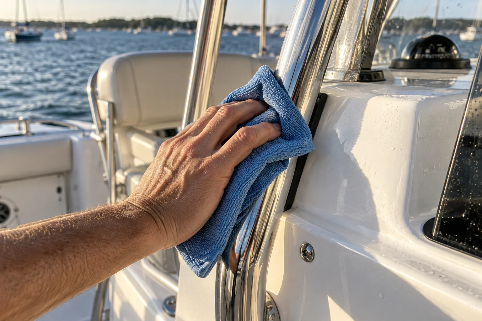 Illustrative marine detailing: a blue microfiber cloth wiping a stainless-steel rail beside a boat console