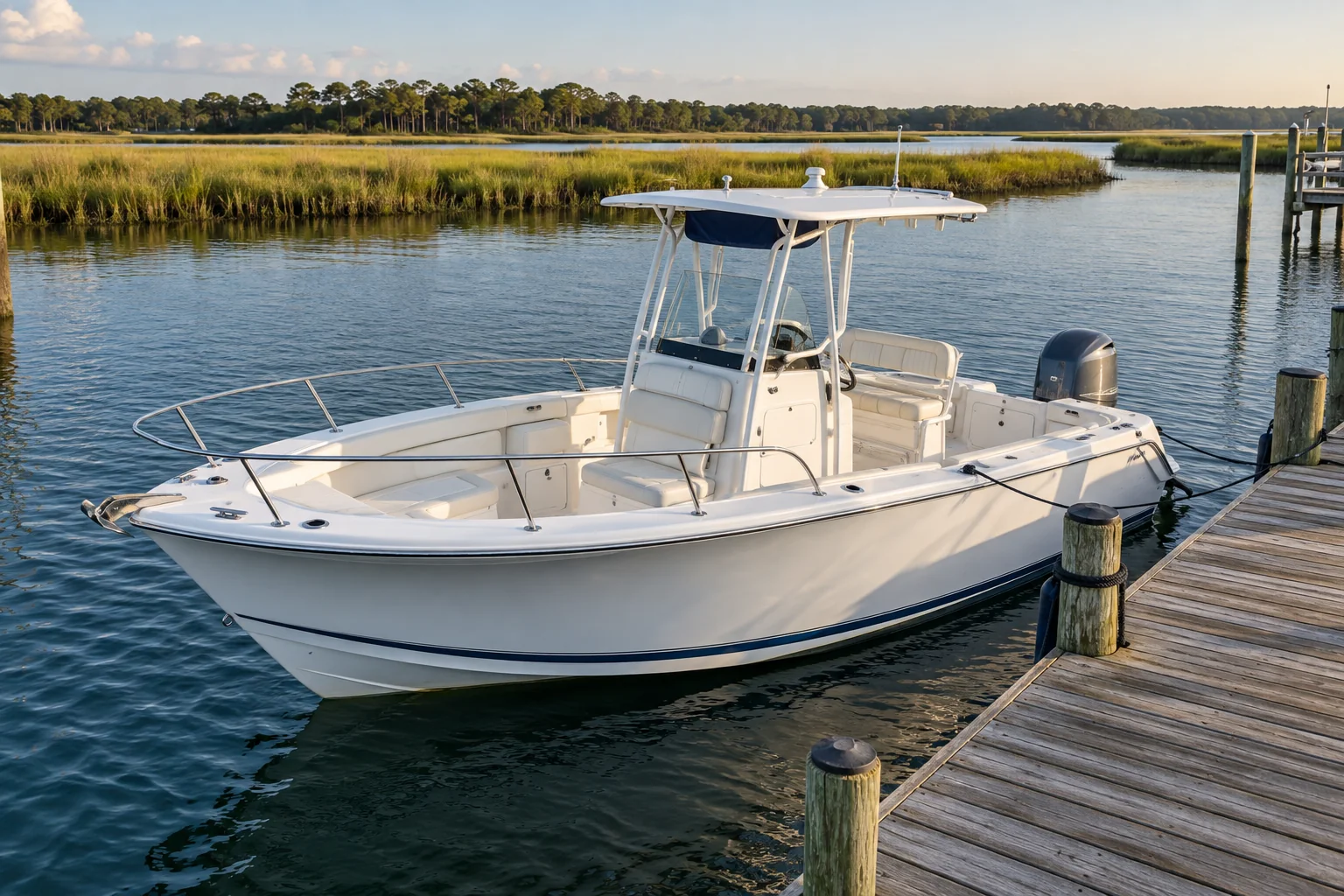 Illustrative white center-console vessel moored at a timber dock beside Lowcountry salt marshes