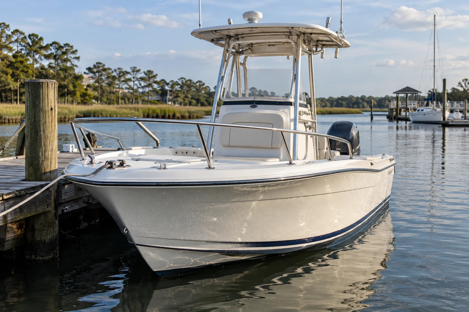 Illustrative image of a clean white boat at a coastal dock