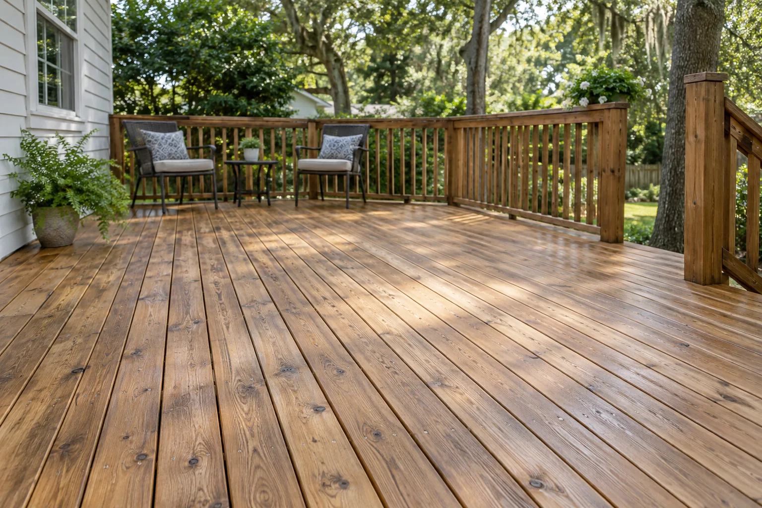 Illustrative image of a clean timber deck with outdoor seating overlooking a leafy backyard