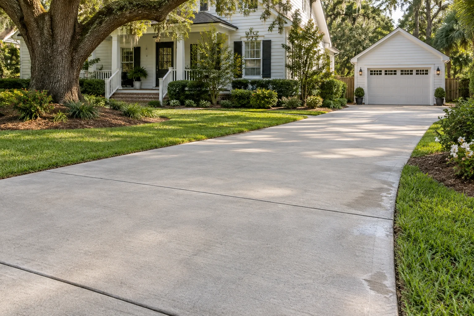 Illustrative image of a clean concrete driveway framed by a lawn and white clapboard home