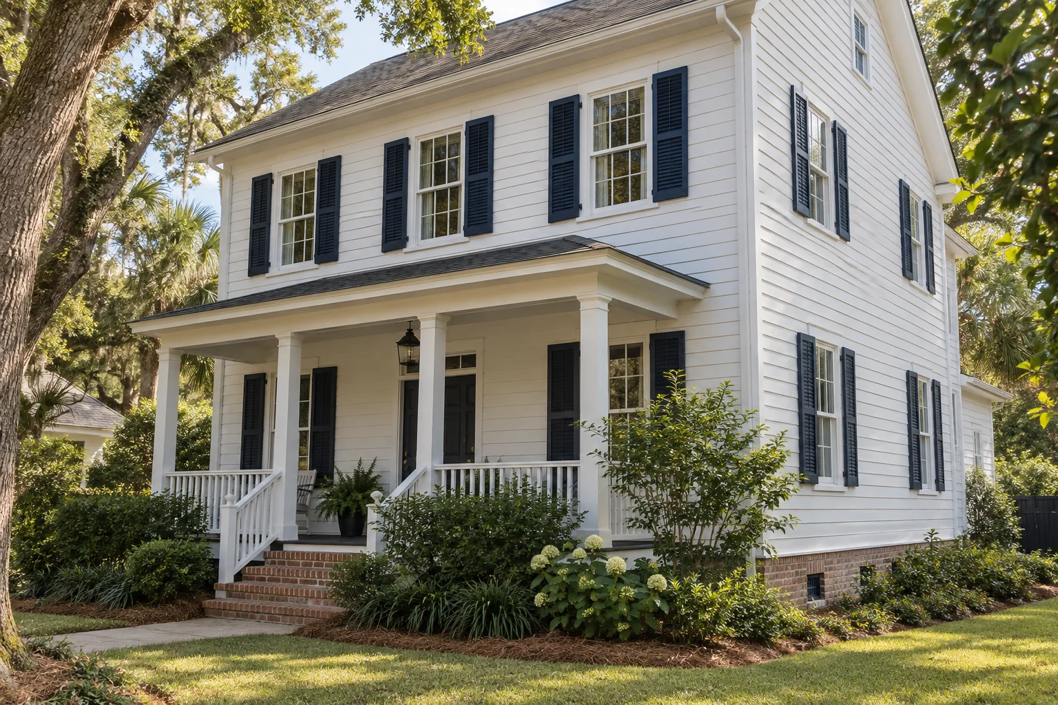 Illustrative image of a white clapboard house exterior with navy shutters and green landscaping