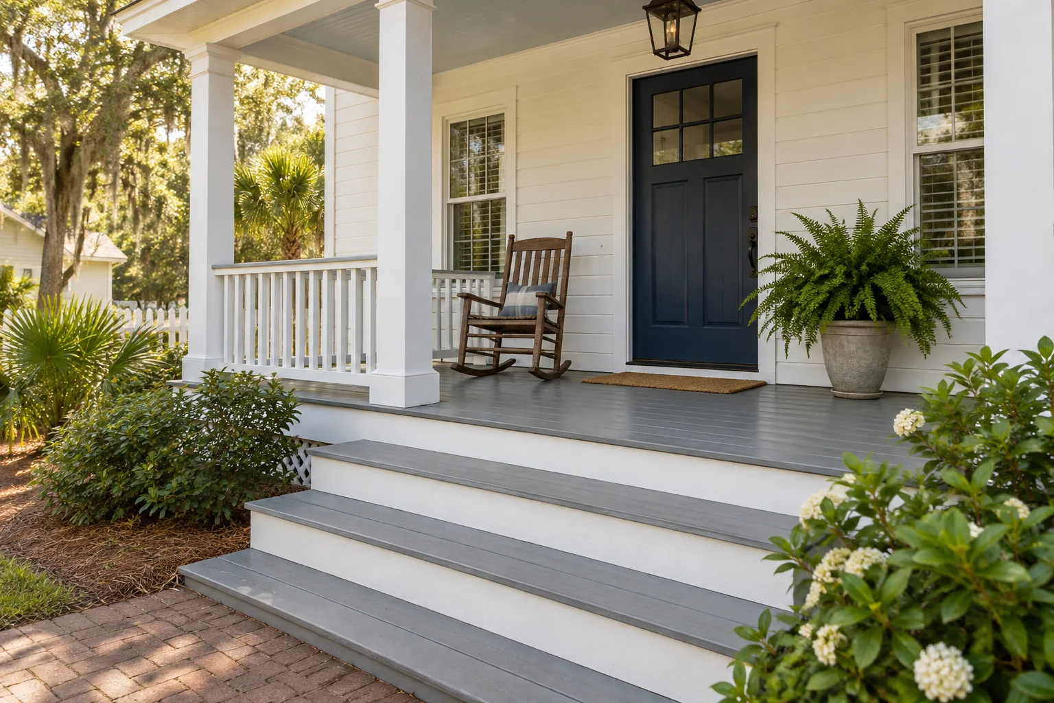 Illustrative image of a clean covered porch with gray floorboards, white railings and a rocking chair