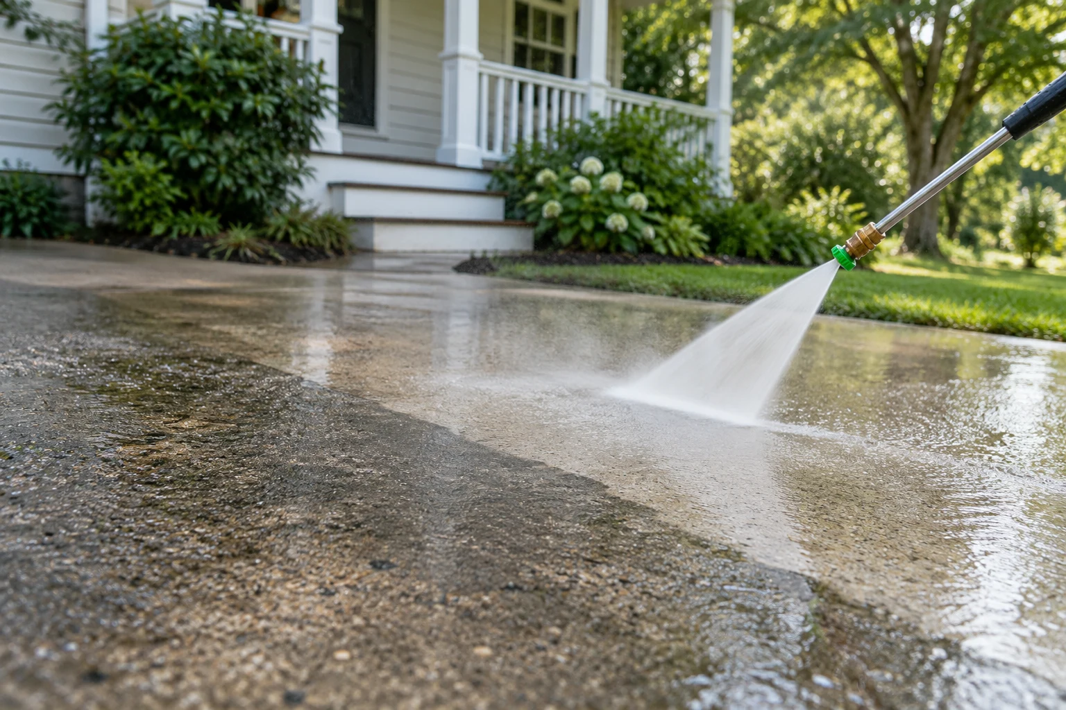Illustrative image of pressure washing a concrete driveway